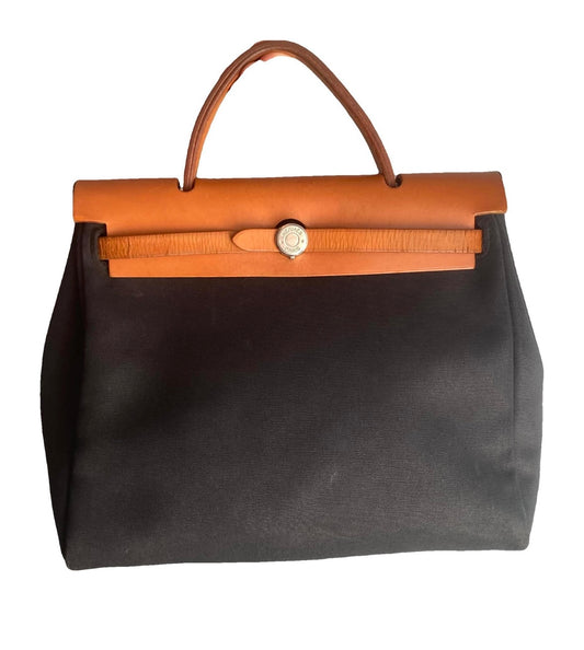 HERMES Her Bag in Tan Leather and Black Canvas