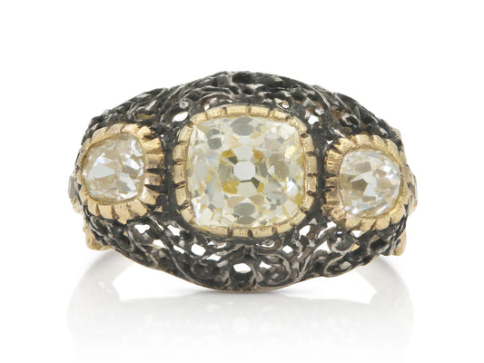 MARIO BUCCELLATI Vintage 1950s Old Mine Cut Diamond Three-Stone Bombe Ring