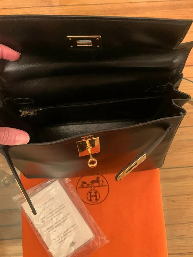 HERMÈS KELLY HERITAGE BOX BLACK LEATHER 28 HANDBAG