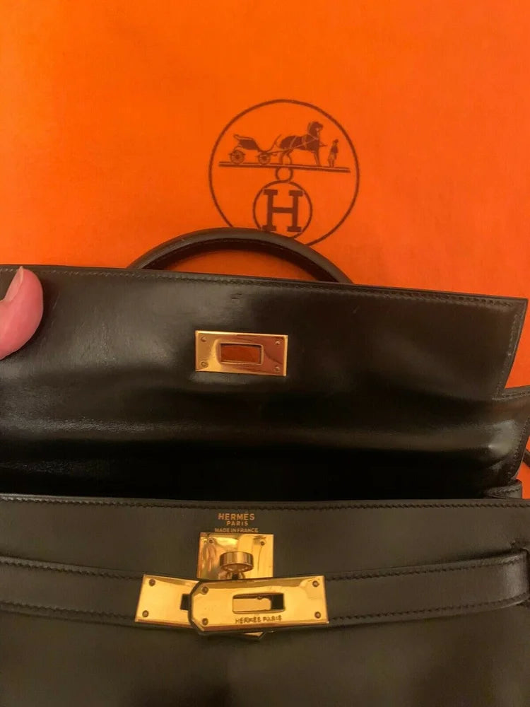 HERMÈS KELLY HERITAGE BOX BLACK LEATHER 28 HANDBAG
